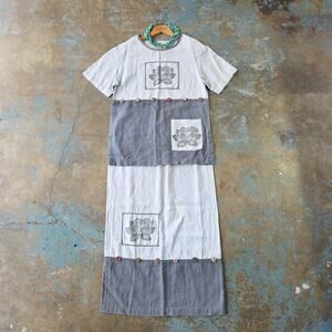 Vintage 90s Linen Top Skirt Set Size S Gray Lagenlook Short Sleeve Art to Wear